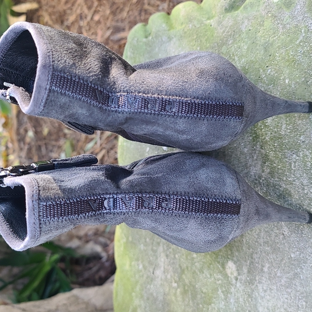 Prada Charcoal Gray Suede Pointed-Toe Ankle Boots - Picture 6 of 14